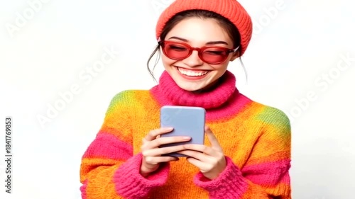 Young woman wearing colorful sweater and sunglasses using smartphone