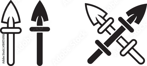 Two Garden Trowels One Outline One Silhouette Crossed Trowels Icon gardening tool
