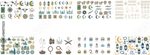 Set of Eid Al Fitr pack with diverse including sheep lanterns and mosques