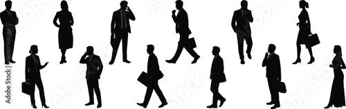 Business professionals silhouette collection showing corporate poses, walking actions and communication gestures for modern workplace concepts, branding projects, vector illustration