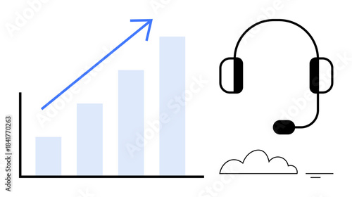 Customer support growth. A visual combining a rising bar graph and headset to customer support growth. Customer support efficiency, feedback, and team productivity. Perfect for business