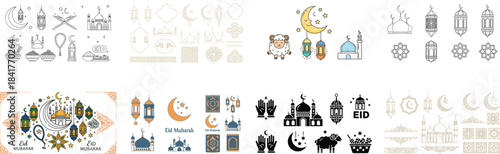Assorted Eid Mubarak with lanterns moons stars and traditional Islamic motifs