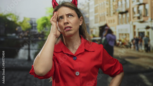 Fotografie Middle aged blonde woman in red blouse touches temples by canal on busy city street outdoors near railing; frustration