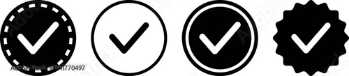 Check mark badge icons - tick in circle variations, outline and solid approval symbols, quality verified vector