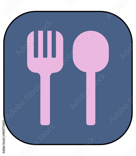 Navy Blue Square App Icon with Pink Fork and Spoon Silhouette for Dining and Menu Navigation