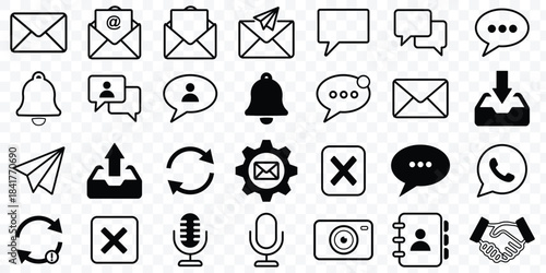 Modern Communication and Messaging UI Icon Set, Email, Chat, and Notification Symbols. Mail message vector icon set. Chat message icon vector set. Contains speech bubble, conversation, dialogue text