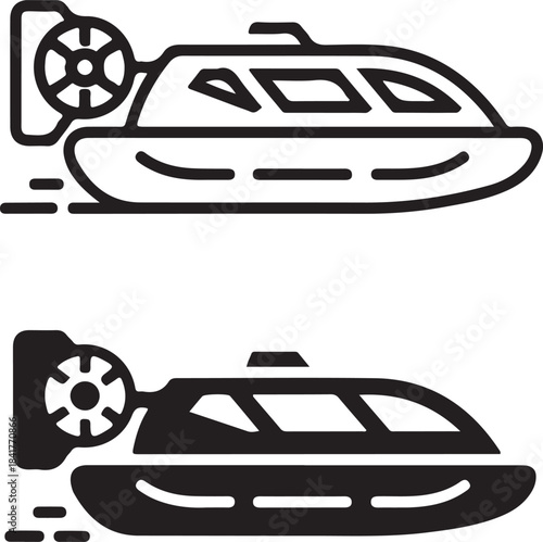 Two stylized icons of a hovercraft or amphibious vehicle on a white background Keywords: hovercraft, amphibious vehicle, watercraft, boat