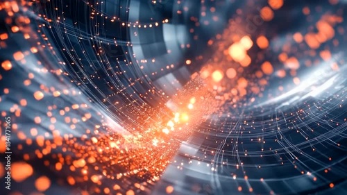 Futuristic glowing orange particles flowing through a metallic grid network tunnel