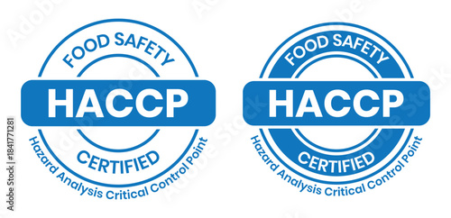 HACCP Hazard Analysis Critical Control Points, Food Safety system, logo, badge, icon, sticker, label, emblem, stamp, symbol, green, golden, flat vector, isolated illustration. HACCP Certified.
