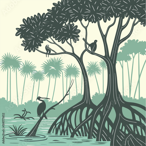 Illustration of a tropical mangrove forest with birds on a tree and in the water with palm trees in the background in green hues