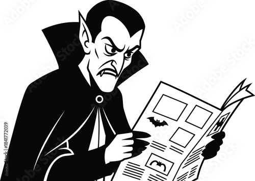 Cartoon Vampire Count Dracula Reading Newspaper, Serious Expression, Halloween Mascot Character Vector.