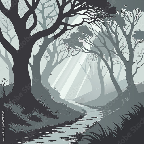 A serene forest landscape with a winding stream and trees in a misty atmosphere with sun rays shining through the fog