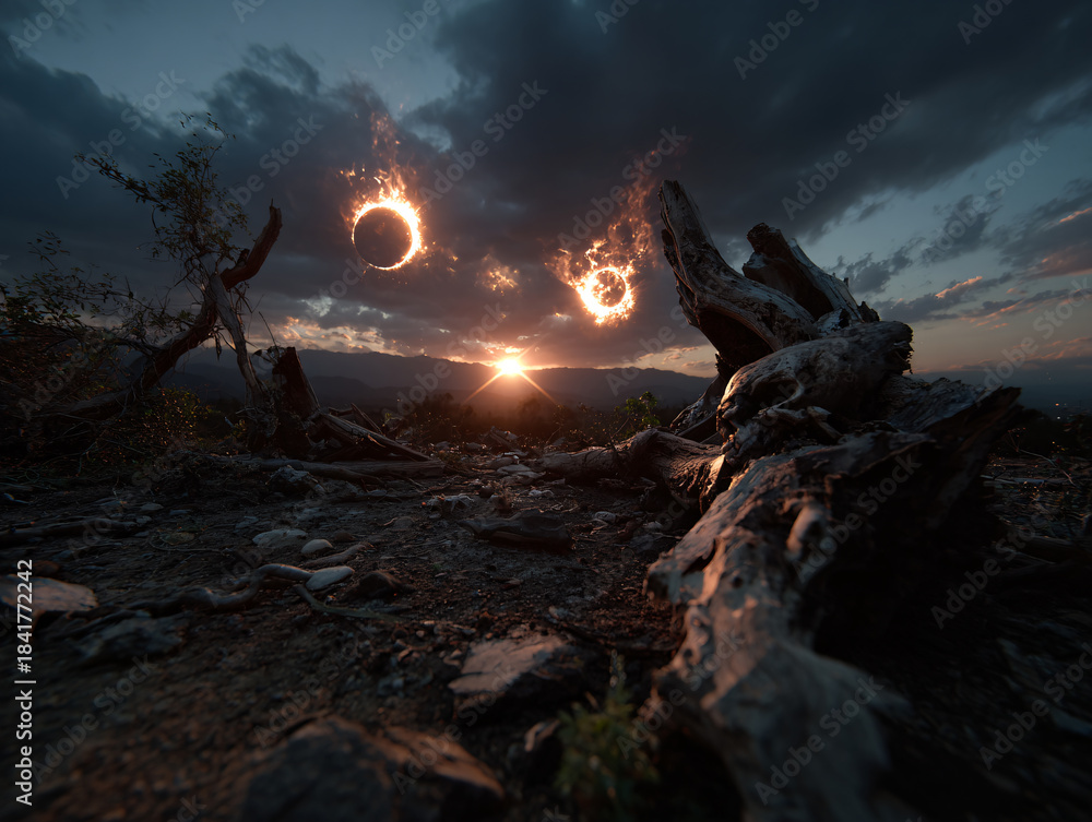 Obraz premium a surreal, fantastical scene with a large, glowing, fire-like orb in the sky, surrounded by dark clouds. In the foreground, there is a weathered log with a sharp, menacing appearance