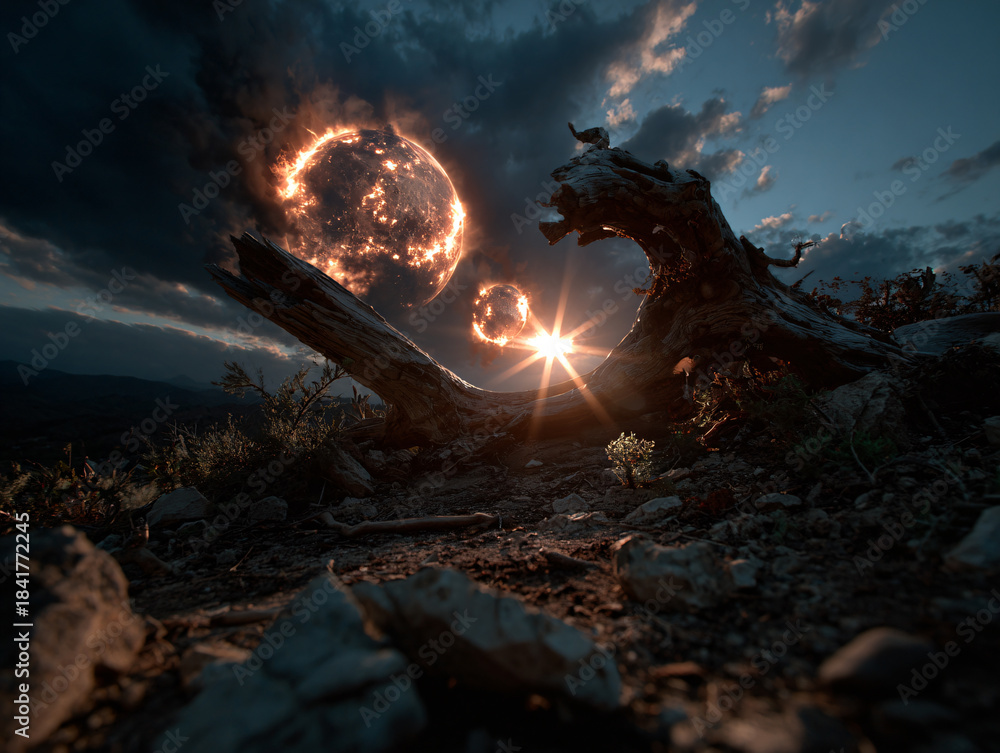 Obraz premium a surreal, fantastical scene with a large, glowing, fire-like orb in the sky, surrounded by dark clouds. In the foreground, there is a weathered log with a sharp, menacing appearance
