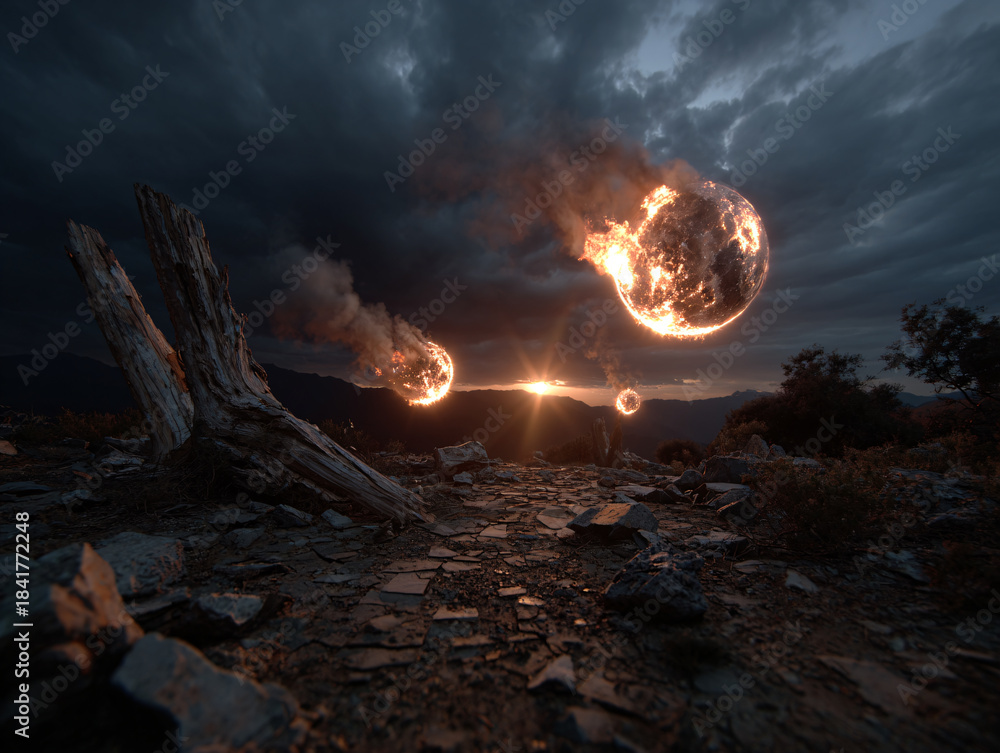 Obraz premium a surreal, fantastical scene with a large, glowing, fire-like orb in the sky, surrounded by dark clouds. In the foreground, there is a weathered log with a sharp, menacing appearance