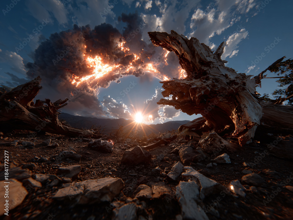 Obraz premium a surreal, fantastical scene with a large, glowing, fire-like orb in the sky, surrounded by dark clouds. In the foreground, there is a weathered log with a sharp, menacing appearance