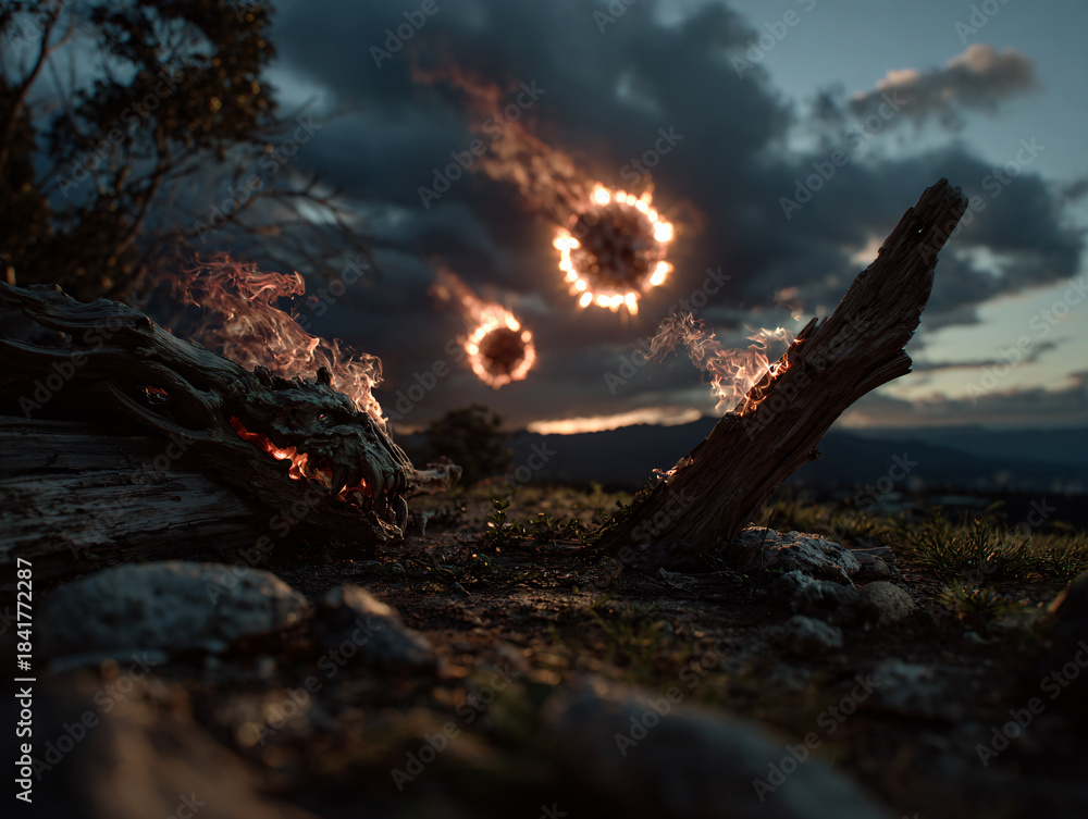 Obraz premium a surreal, fantastical scene with a large, glowing, fire-like orb in the sky, surrounded by dark clouds. In the foreground, there is a weathered log with a sharp, menacing appearance