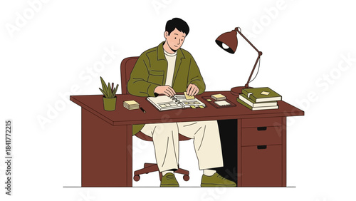 A man studying or working sits at his desk surrounded by books and a lamp