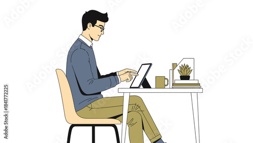 A man using a tablet at a desk, simple illustration style, working from home