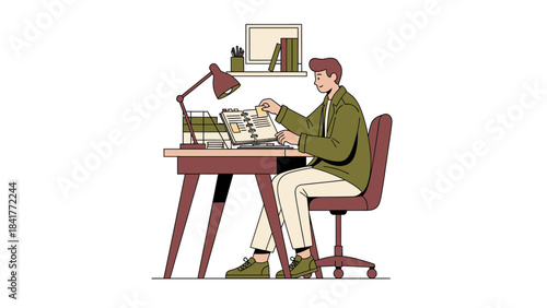 A man working at his desk looking at a planner or organizer in a minimal style
