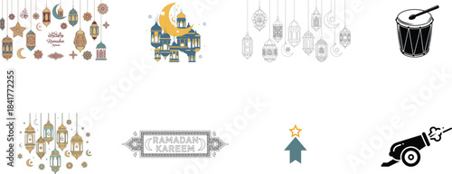 Colorful Ramadan decorations featuring lanterns stars and a mosque