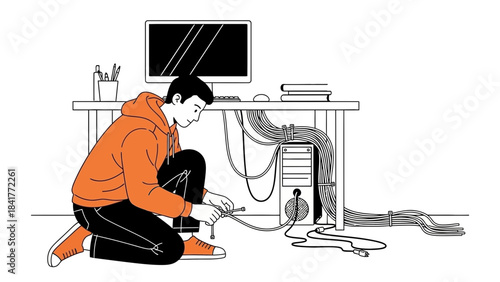 A man working on computer wiring and connections in an illustration with a clean design