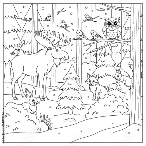 Winter Woodland Animals Coloring Page – Moose, Fox, Owl, Squirrel, Birds and Rabbit in Snowy Forest Scene | Cute Wildlife Outline Illustration for Kids and Adults