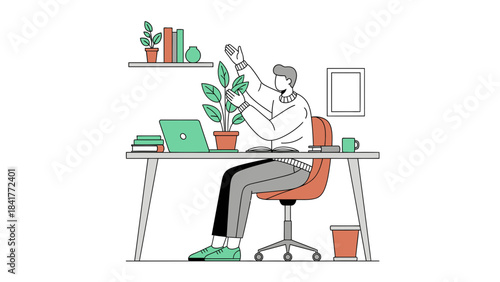 A person working at a desk with a plant, laptop, and books in a modern illustration