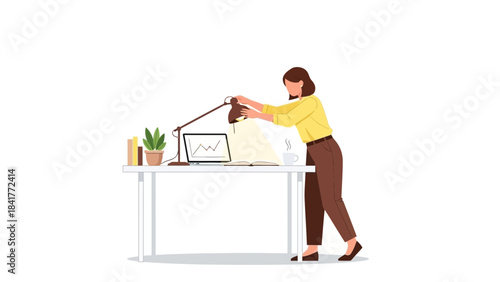 A woman adjusting a desk lamp while working at a modern office table workspace