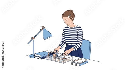 A woman organizing her makeup collection, the image shows her at a desk