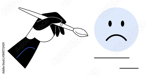 Art concept. Art elements showing a hand holding a paintbrush and a sad face icon, emotional expression and creativity. art therapy, emotions, communication, mental health, design