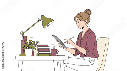 A woman working on a tablet with a pen at a desk illustrated in a minimalistic style