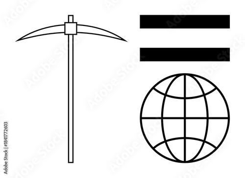Mining pickaxe, globe with latitudelongitude lines, and two horizontal bars. Ideal for global mining, equality, resource management, sustainability, trade industries education. Simple flat metaphor