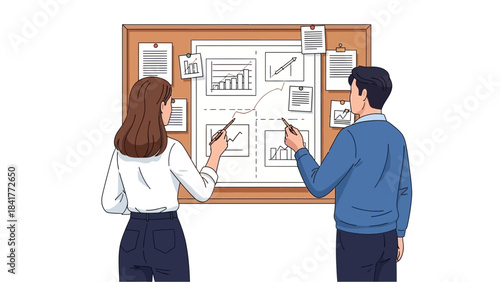 Business presentation analysis: Two people reviewing a chart on a bulletin board discussing