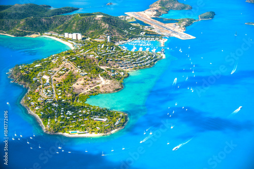 Obraz na plátně Aerial view of Queensland ocean and Whitsunday Islands from airplane with turquo