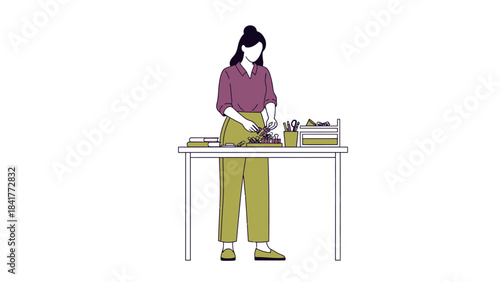 Illustration of a woman standing at a table working with crafting tools, arts and crafts