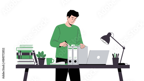 Illustration of a man working at his desk with files, laptop, and plant