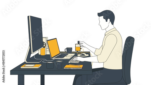 Illustration of a Man Working at His Desk, Depicting Office Life and Technology