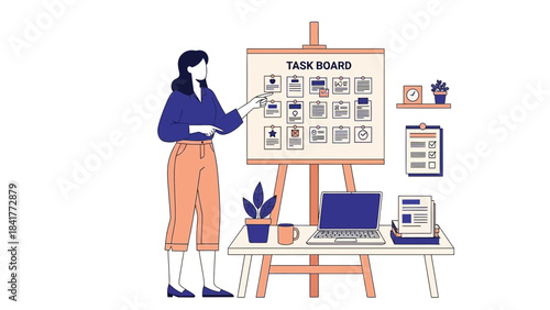 Businesswoman pointing at task board, concept of project management strategy  design
