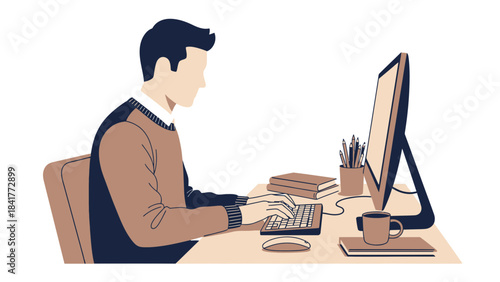 Illustration of a Man Working on a Computer at a Desk Creating Content