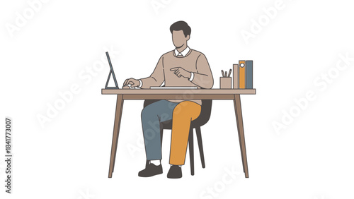 Illustration of a man working on a tablet at his desk in minimalist style