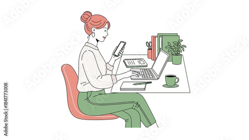 Illustration depicting a woman working on a laptop while using her phone at her desk