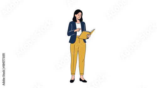 Illustration of a business woman standing while reading a book or notebook on white background