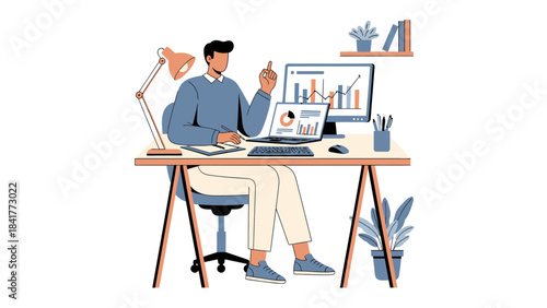 Illustration of a Man working on financial data at his desk, business analyst