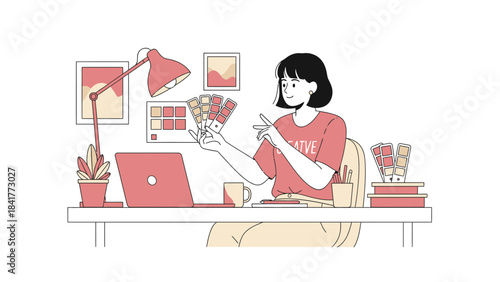 Illustration of a designer choosing colors working at a desk with a laptop and color swatches