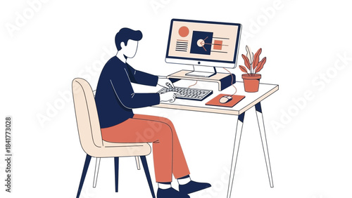 Illustration of a Man Working on His Computer at His Desk. Vector Illustration