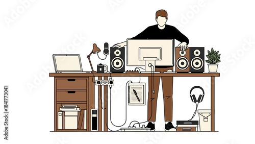 Illustration of a Home Office Workspace Set Up for Podcasting or Music Production
