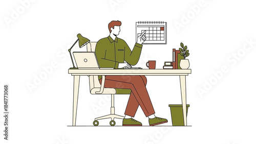 Illustration of a man at a desk working, scheduling appointments with a calendar and laptop