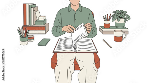 Illustration of a person reading or writing in a notebook, surrounded by stationery