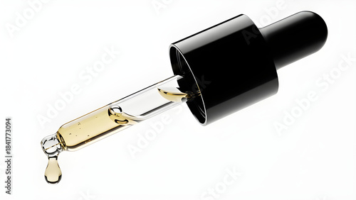 Glass dropper bottle with suspended drop. Isolated on White background.